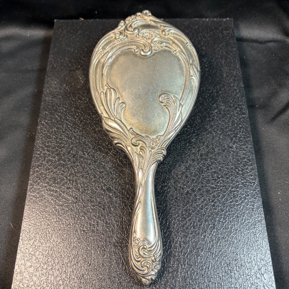 Vintage Art Nouveau Silver Plated Hair Brush Floral Repousse Scroll Vanity Decor